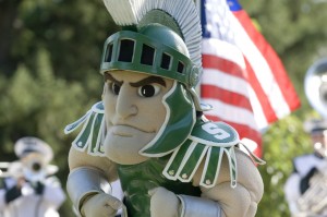 Sparty statue with the USA flag.